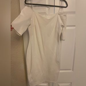 White bodycon off the shoulder midi dress